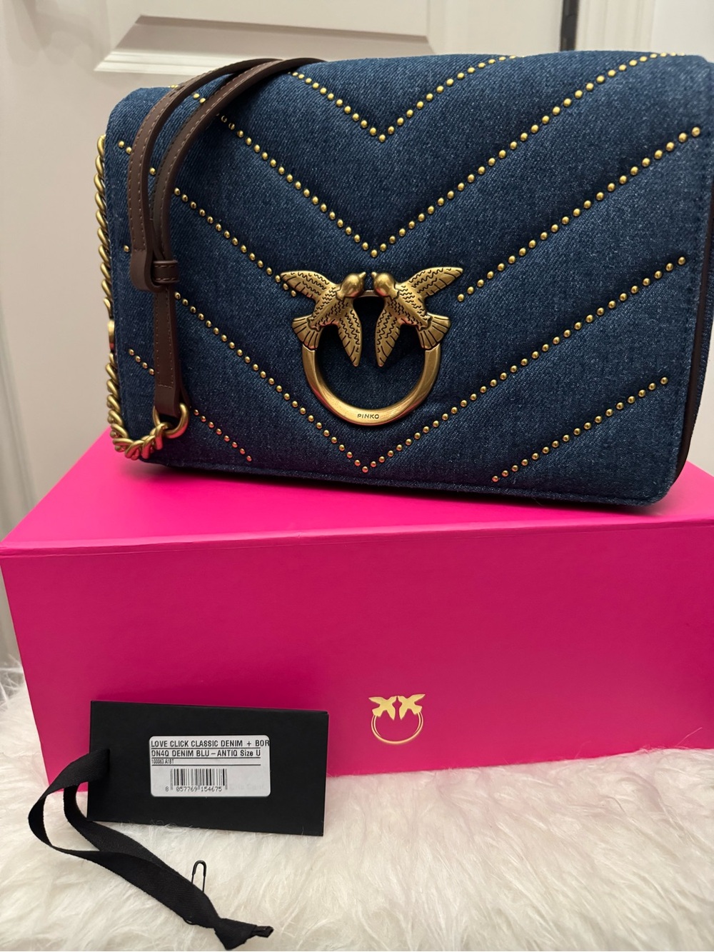 Pinko Denim Quilted Shoulder Bag with Gold Bird Ring